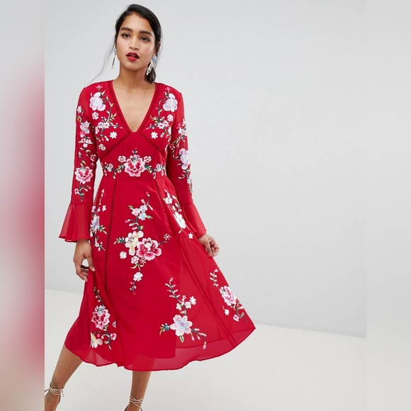 ASOS DESIGN embroidered midi dress with lace trims - Picture 4 of 4